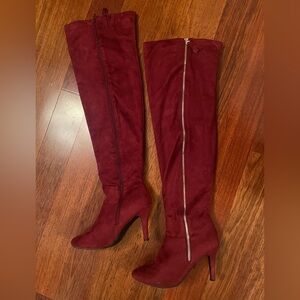 Over the Knee Burgundy Velvet Boots with Gold Zipper (3.5”)